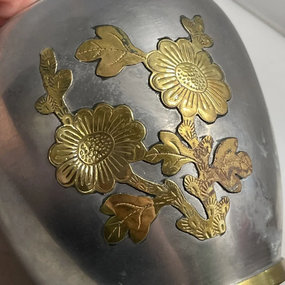 Vintage Ginger Jar Pewter with Floral‎ Brass 6.5